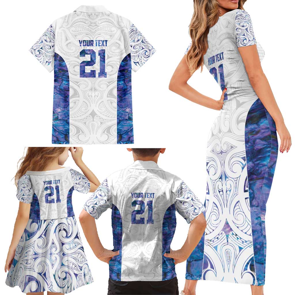 Custom New Zealand Aotearoa Family Matching Short Sleeve Bodycon Dress and Hawaiian Shirt Purple Maori Paua Shell Indigenous - Polynesian Pride