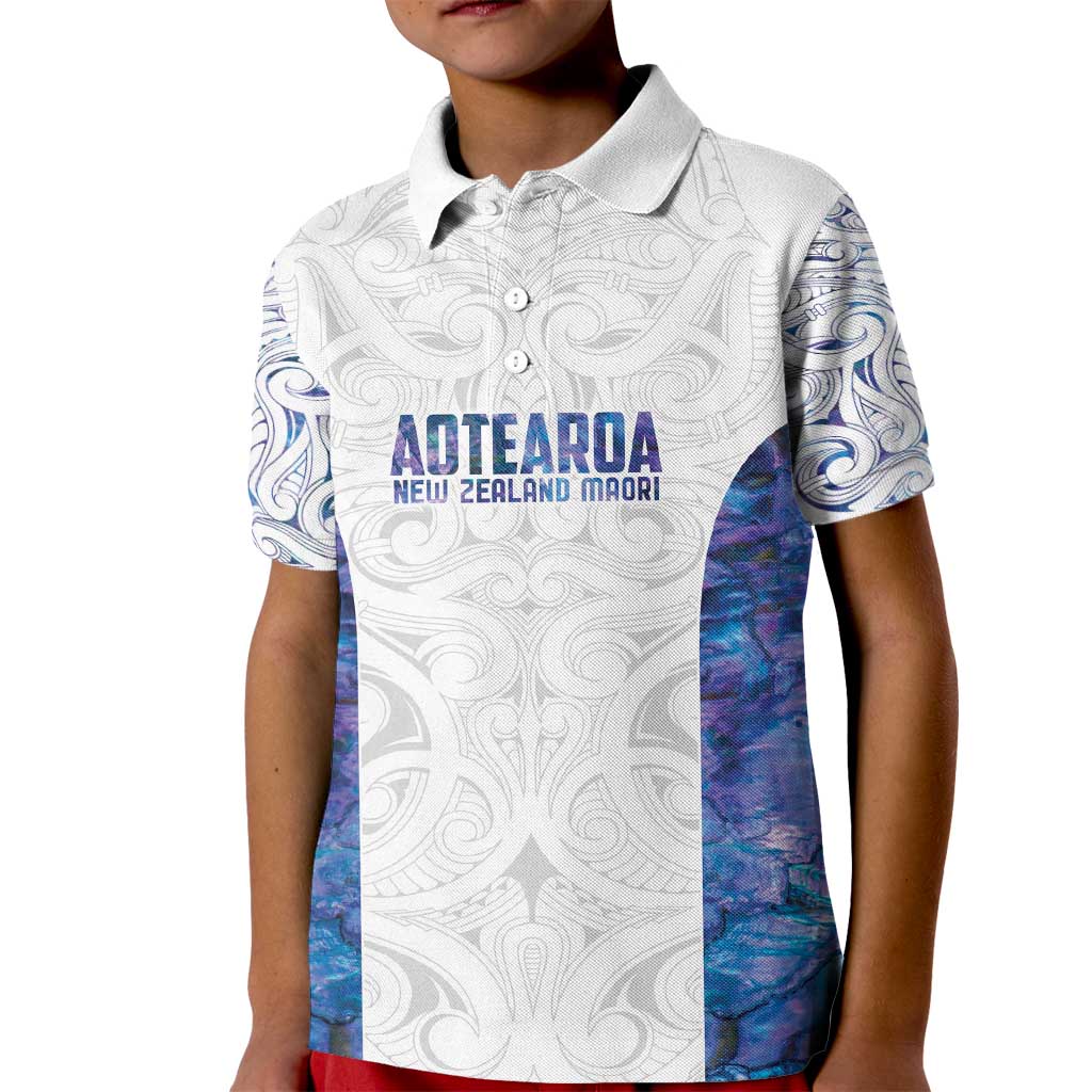Custom New Zealand Aotearoa Kid Polo Shirt Purple Maori Paua Shell Indigenous - Polynesian Pride