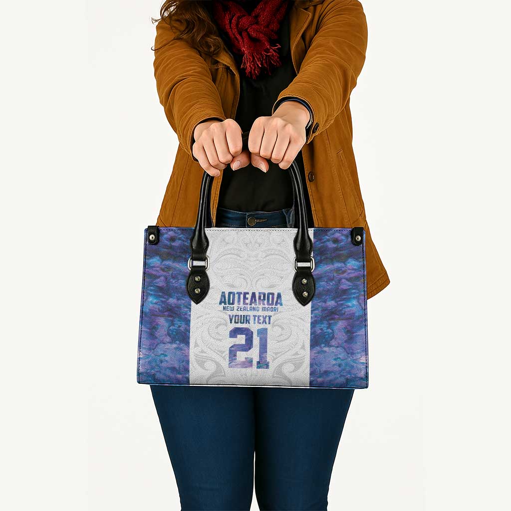 Custom New Zealand Aotearoa Leather Bag Purple Maori Paua Shell Indigenous - Polynesian Pride