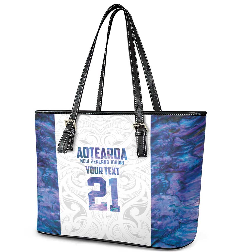 Custom New Zealand Aotearoa Leather Tote Bag Purple Maori Paua Shell Indigenous - Polynesian Pride