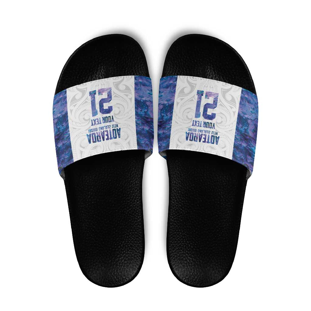 Custom New Zealand Aotearoa Slide Sandals Purple Maori Paua Shell Indigenous - Polynesian Pride