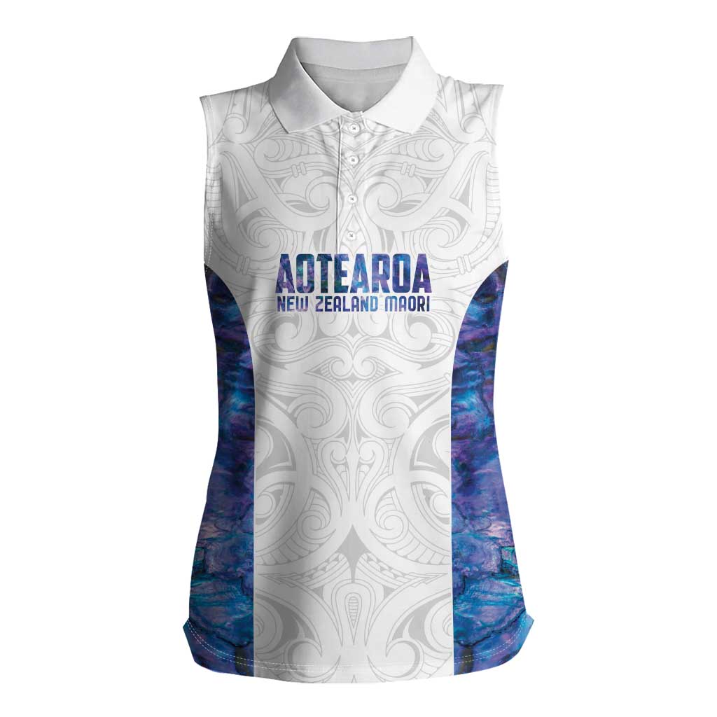 Custom New Zealand Aotearoa Women Sleeveless Polo Shirt Purple Maori Paua Shell Indigenous - Polynesian Pride