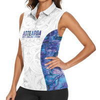 Custom New Zealand Aotearoa Women Sleeveless Polo Shirt Purple Maori Paua Shell Indigenous - Polynesian Pride