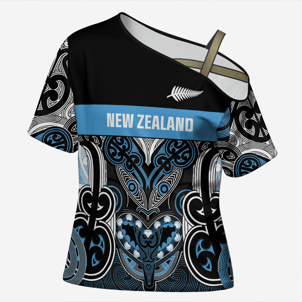 World Cricket Custom New Zealand Cross Shoulder Shirt Kia kaha nga Potae Pango LT9 Female Black - Polynesian Pride
