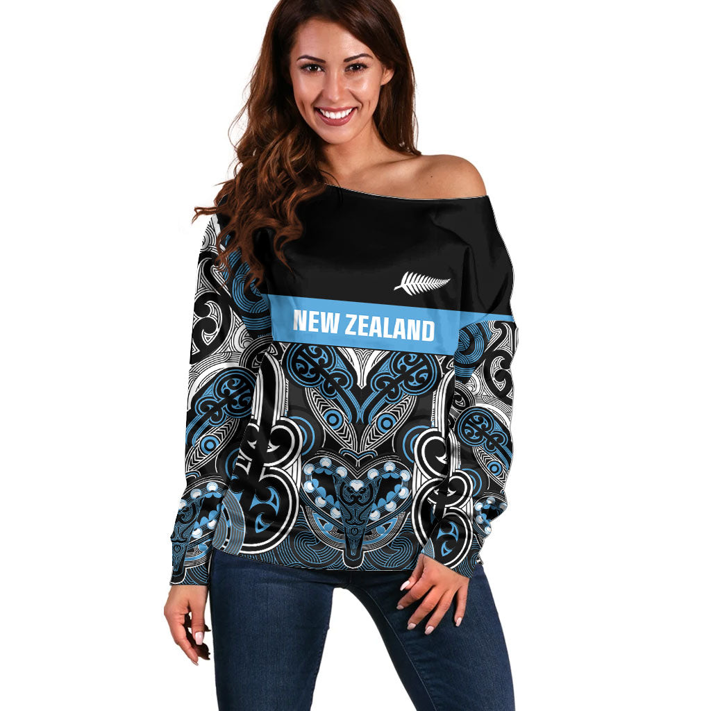 World Cricket Custom New Zealand Off Shoulder Sweater Kia kaha nga Potae Pango LT9 Women Black - Polynesian Pride
