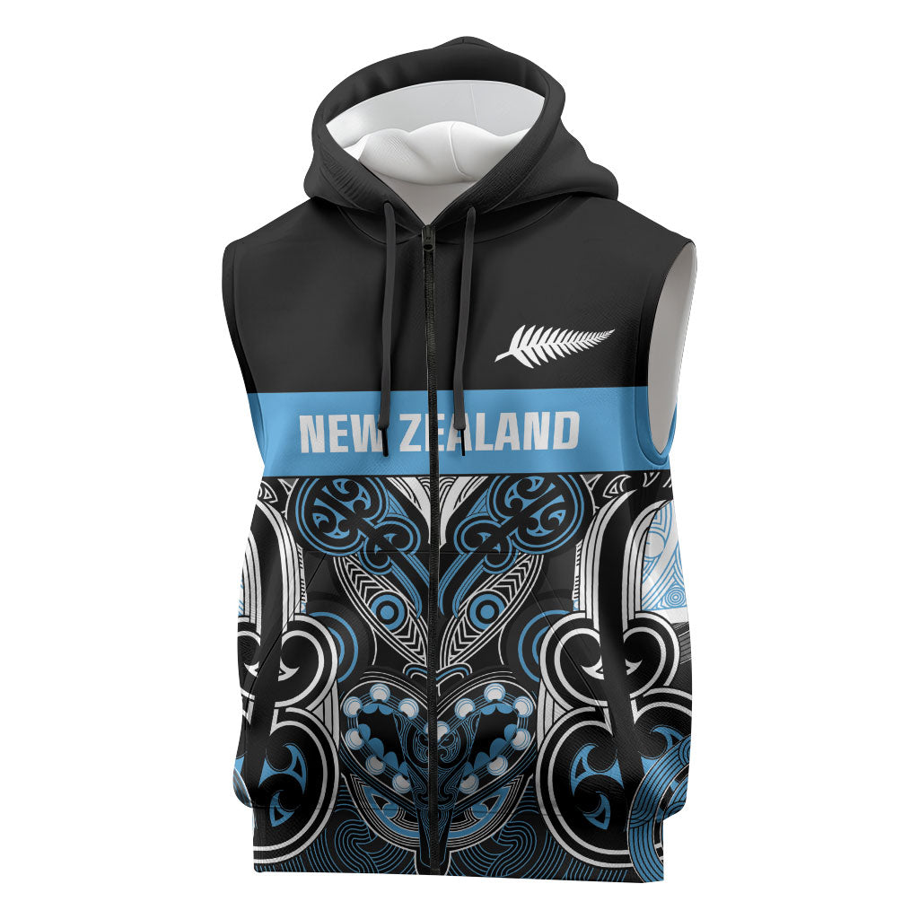World Cricket Custom New Zealand Sleeveless Zip Hoodie Kia kaha nga Potae Pango LT9 Black - Polynesian Pride