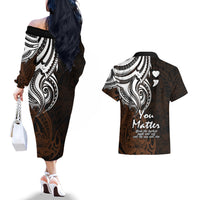 Your Matter Suicide Prevention Couples Matching Off The Shoulder Long Sleeve Dress and Hawaiian Shirt Gold Polynesian Tribal LT9 - Polynesian Pride