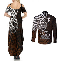 Your Matter Suicide Prevention Couples Matching Summer Maxi Dress and Long Sleeve Button Shirts Gold Polynesian Tribal LT9 - Polynesian Pride