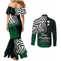 Your Matter Suicide Prevention Couples Matching Mermaid Dress and Long Sleeve Button Shirts Green Polynesian Tribal LT9 - Polynesian Pride