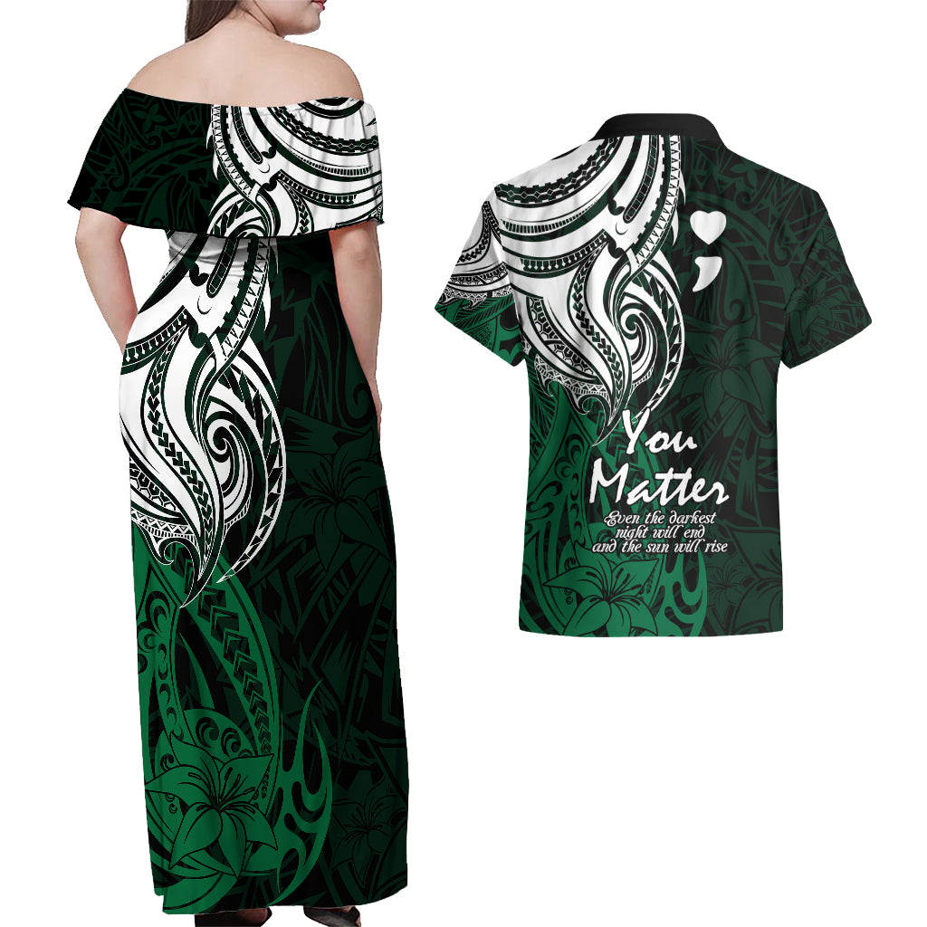 Your Matter Suicide Prevention Couples Matching Off Shoulder Maxi Dress and Hawaiian Shirt Green Polynesian Tribal LT9 - Polynesian Pride