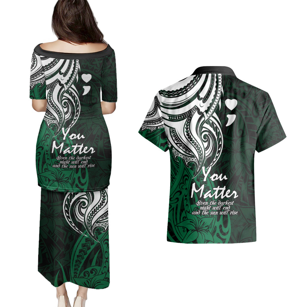 Your Matter Suicide Prevention Couples Matching Puletasi Dress and Hawaiian Shirt Green Polynesian Tribal LT9 - Polynesian Pride