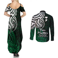 Your Matter Suicide Prevention Couples Matching Summer Maxi Dress and Long Sleeve Button Shirts Green Polynesian Tribal LT9 - Polynesian Pride