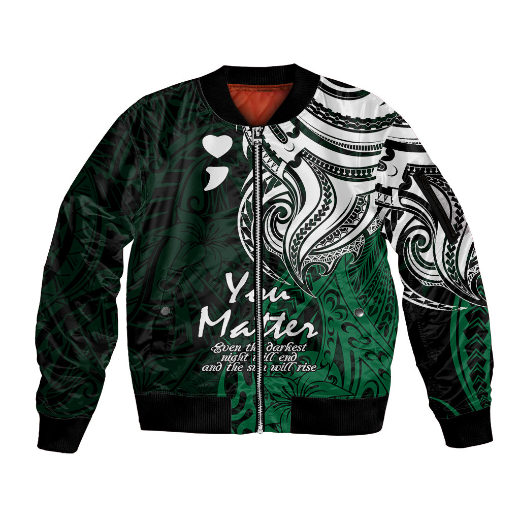 Your Matter Suicide Prevention Sleeve Zip Bomber Jacket Green Polynesian Tribal LT9 Unisex Green - Polynesian Pride