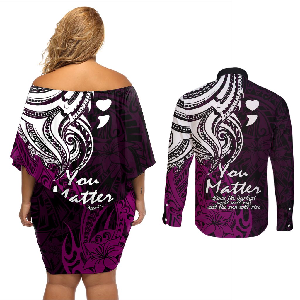 Your Matter Suicide Prevention Couples Matching Off Shoulder Short Dress and Long Sleeve Button Shirts Pink Polynesian Tribal LT9 - Polynesian Pride