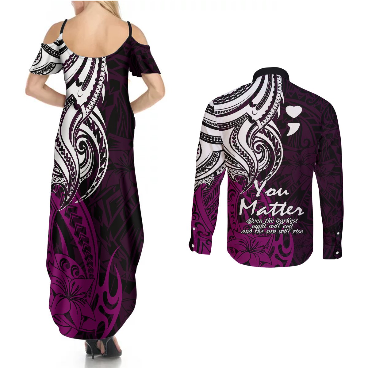 Your Matter Suicide Prevention Couples Matching Summer Maxi Dress and Long Sleeve Button Shirts Pink Polynesian Tribal LT9 - Polynesian Pride