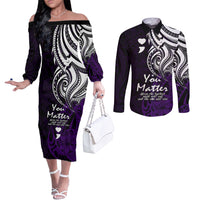 Your Matter Suicide Prevention Couples Matching Off The Shoulder Long Sleeve Dress and Long Sleeve Button Shirts Purple Polynesian Tribal LT9 Purple - Polynesian Pride