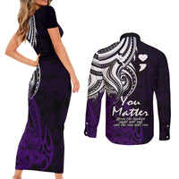 Your Matter Suicide Prevention Couples Matching Short Sleeve Bodycon Dress and Long Sleeve Button Shirts Purple Polynesian Tribal LT9 - Polynesian Pride