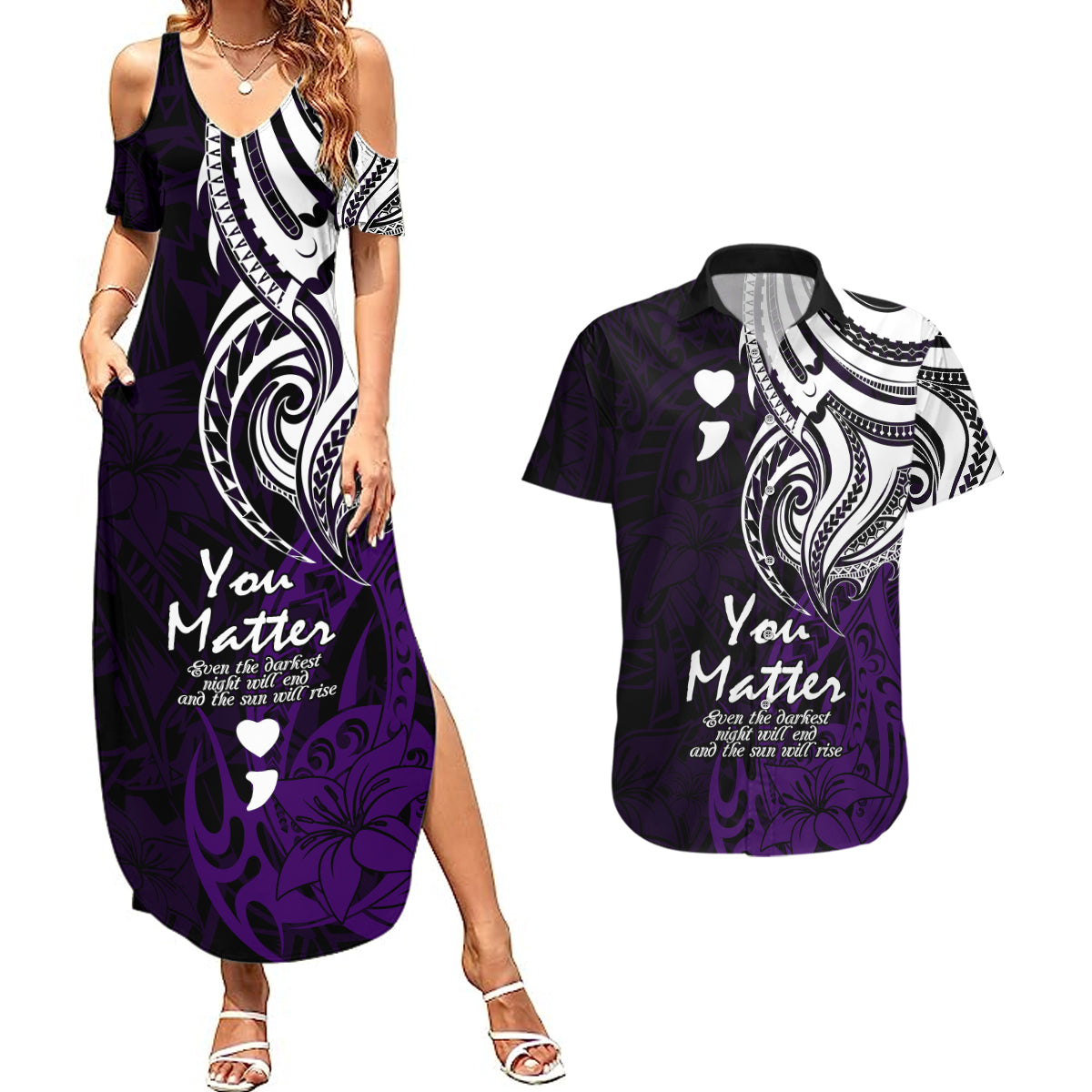 Your Matter Suicide Prevention Couples Matching Summer Maxi Dress and Hawaiian Shirt Purple Polynesian Tribal LT9 Purple - Polynesian Pride
