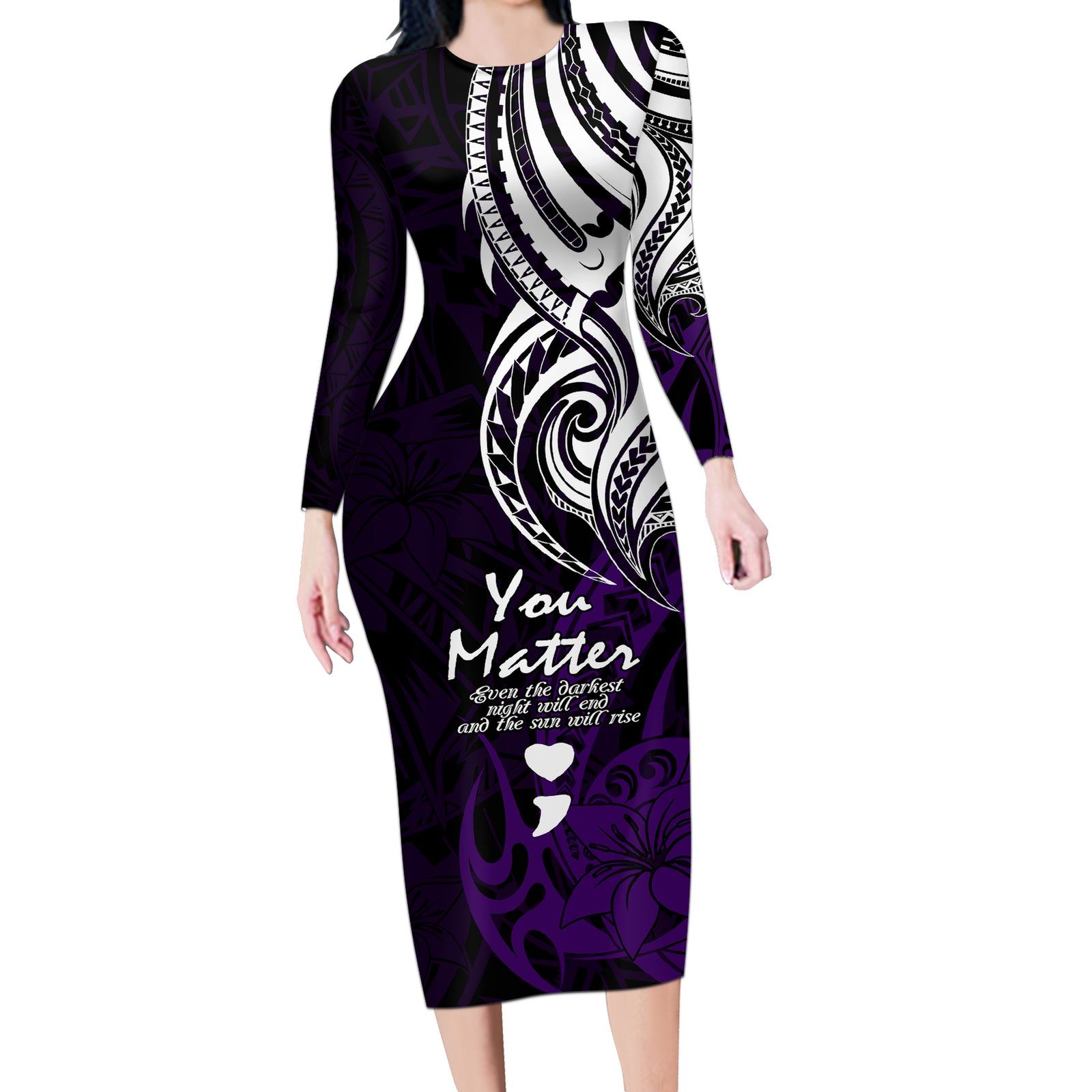 Your Matter Suicide Prevention Long Sleeve Bodycon Dress Purple Polynesian Tribal LT9 Long Dress Purple - Polynesian Pride