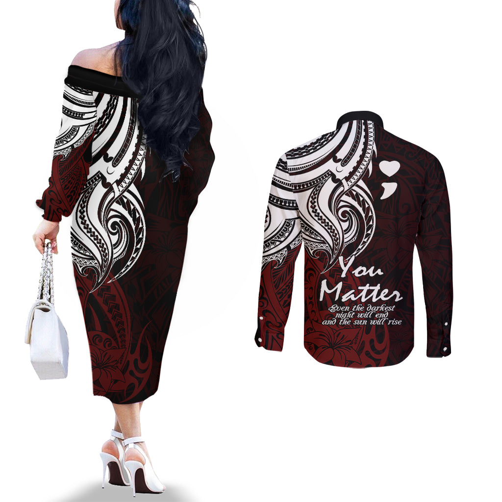 Your Matter Suicide Prevention Couples Matching Off The Shoulder Long Sleeve Dress and Long Sleeve Button Shirts Red Polynesian Tribal LT9 - Polynesian Pride