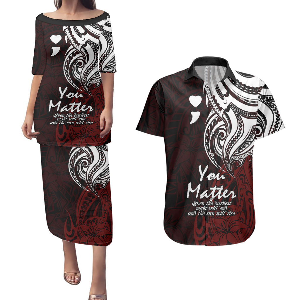 Your Matter Suicide Prevention Couples Matching Puletasi Dress and Hawaiian Shirt Red Polynesian Tribal LT9 Red - Polynesian Pride