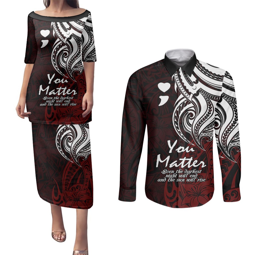Your Matter Suicide Prevention Couples Matching Puletasi Dress and Long Sleeve Button Shirts Red Polynesian Tribal LT9 Red - Polynesian Pride