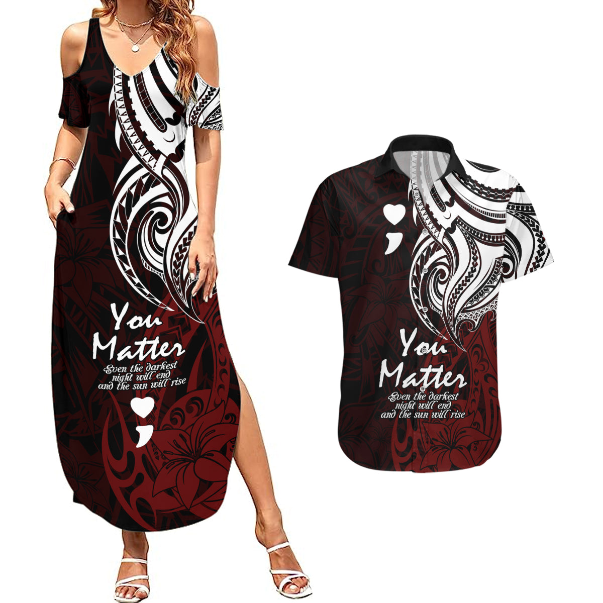 Your Matter Suicide Prevention Couples Matching Summer Maxi Dress and Hawaiian Shirt Red Polynesian Tribal LT9 Red - Polynesian Pride