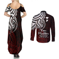 Your Matter Suicide Prevention Couples Matching Summer Maxi Dress and Long Sleeve Button Shirts Red Polynesian Tribal LT9 - Polynesian Pride