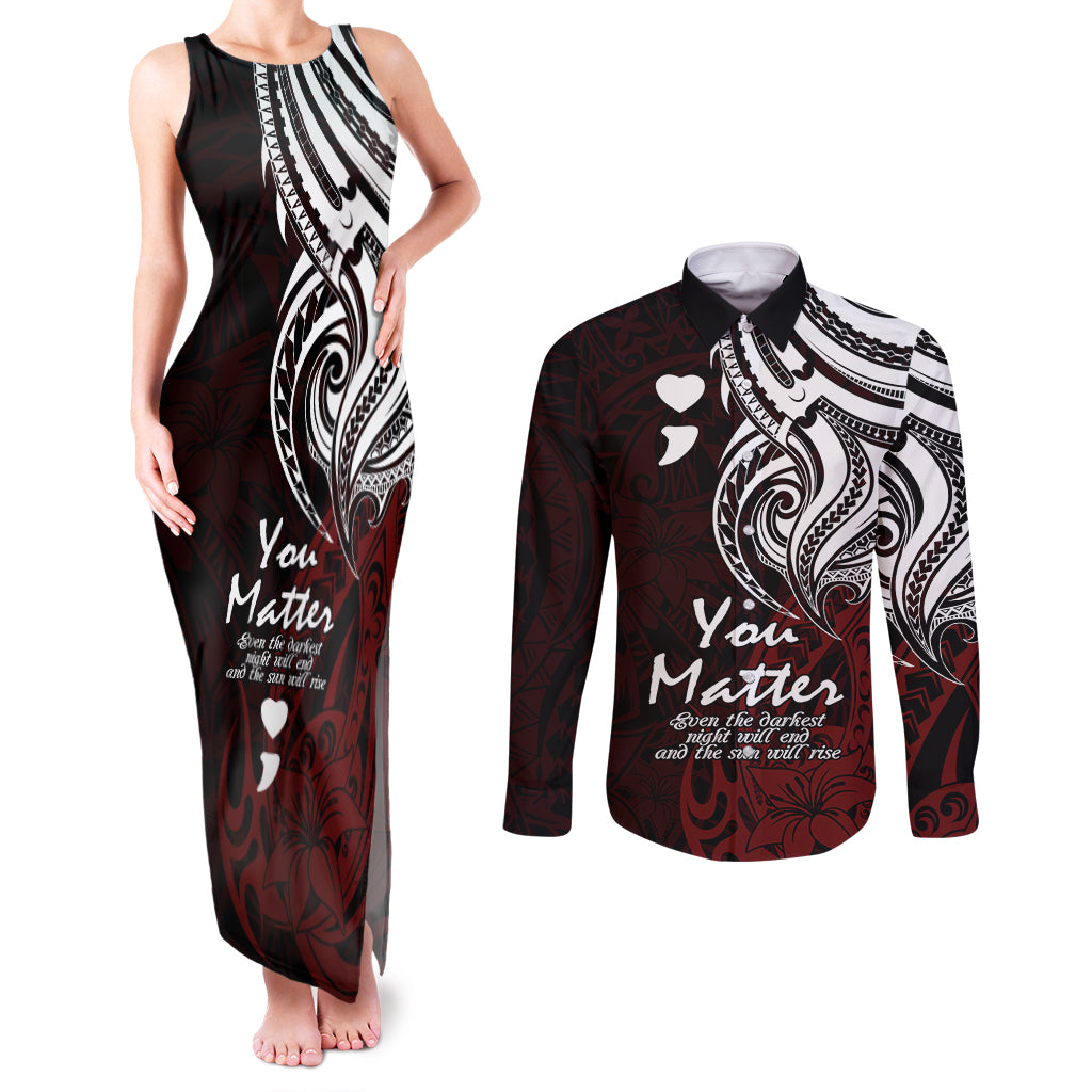 Your Matter Suicide Prevention Couples Matching Tank Maxi Dress and Long Sleeve Button Shirts Red Polynesian Tribal LT9 Red - Polynesian Pride