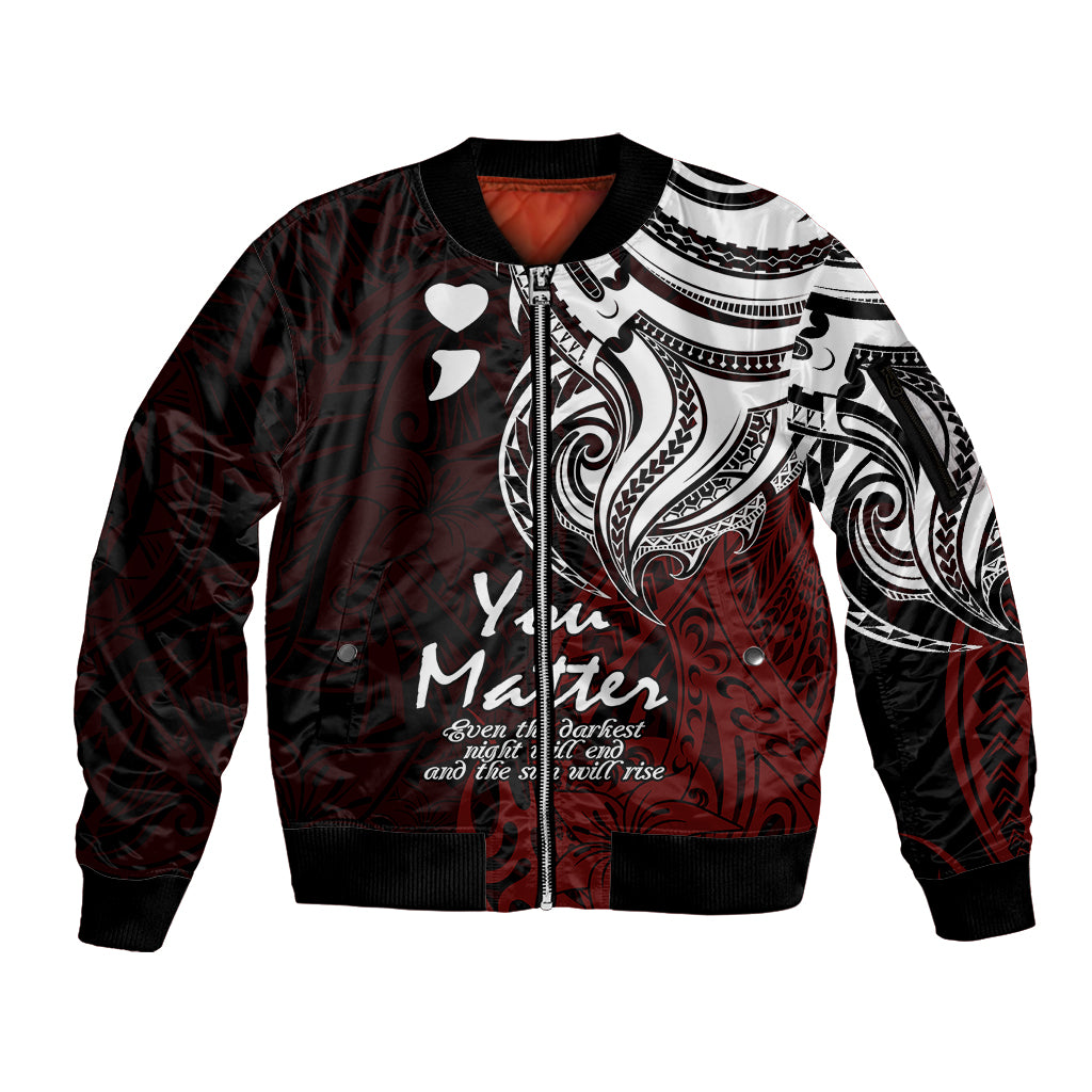 Your Matter Suicide Prevention Sleeve Zip Bomber Jacket Red Polynesian Tribal LT9 Unisex Red - Polynesian Pride