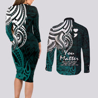 Your Matter Suicide Prevention Couples Matching Long Sleeve Bodycon Dress and Long Sleeve Button Shirts Turqoise Polynesian Tribal LT9 - Polynesian Pride
