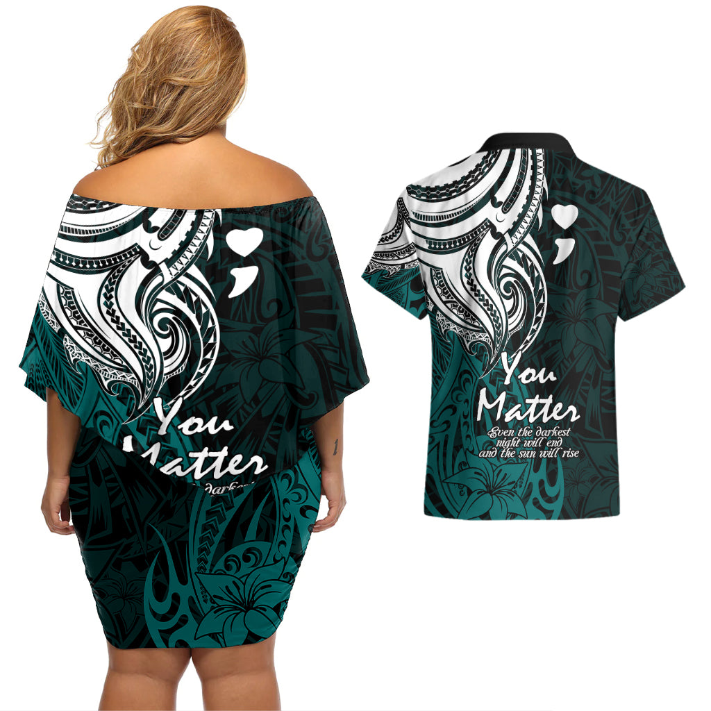Your Matter Suicide Prevention Couples Matching Off Shoulder Short Dress and Hawaiian Shirt Turqoise Polynesian Tribal LT9 - Polynesian Pride