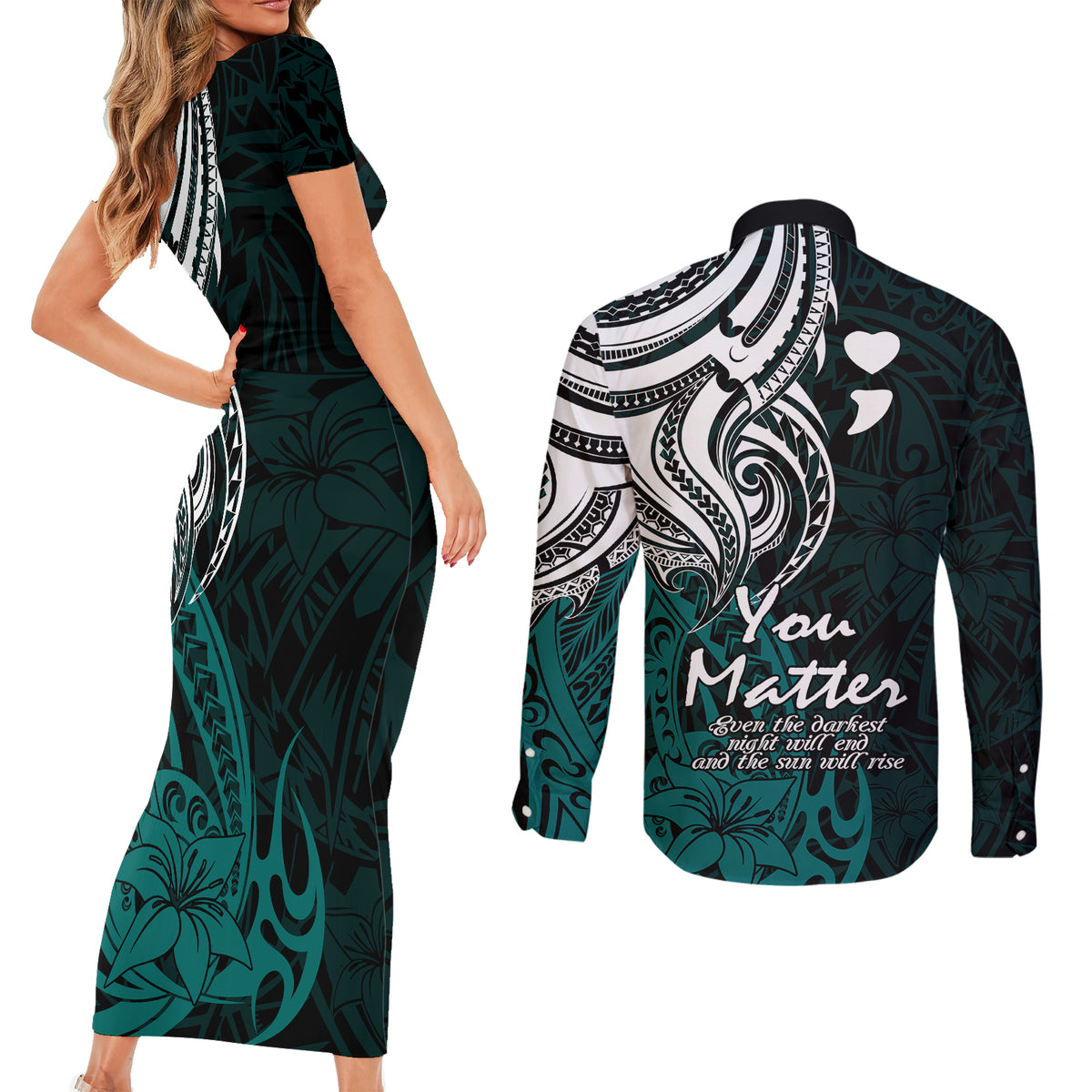 Your Matter Suicide Prevention Couples Matching Short Sleeve Bodycon Dress and Long Sleeve Button Shirts Turqoise Polynesian Tribal LT9 - Polynesian Pride