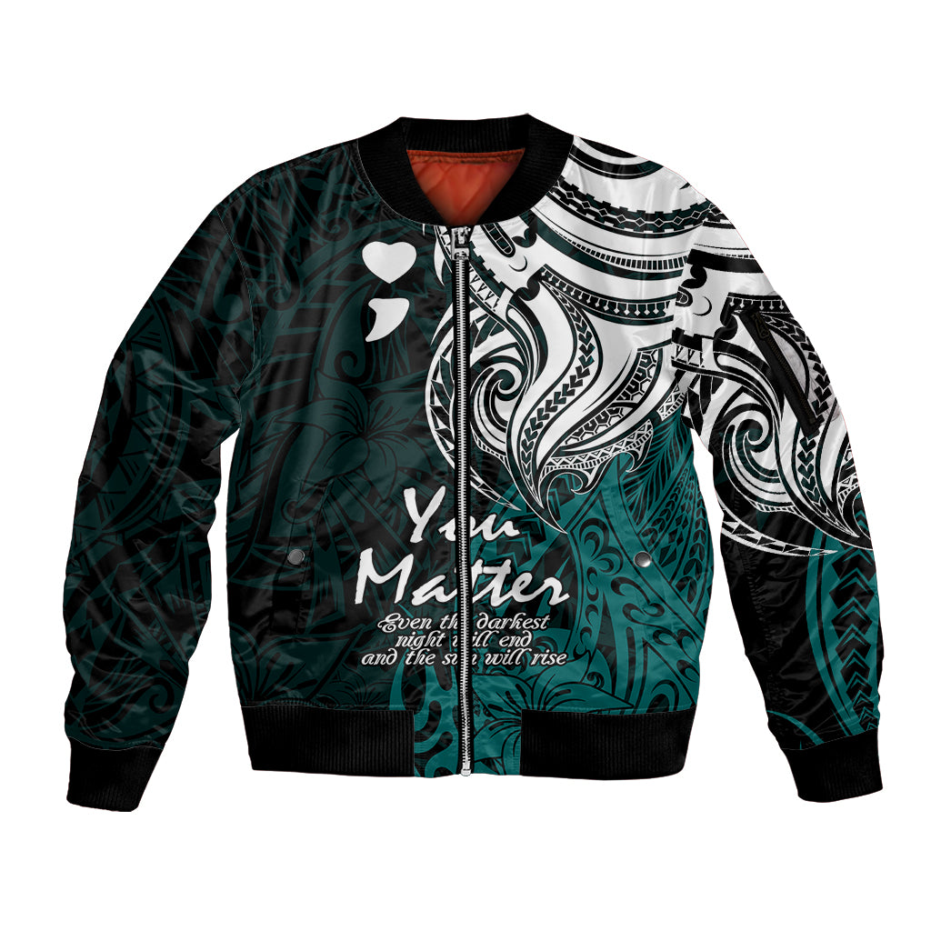 Your Matter Suicide Prevention Sleeve Zip Bomber Jacket Turqoise Polynesian Tribal LT9 Unisex Turquoise - Polynesian Pride