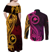 Papua New Guinea Island Couples Matching Off Shoulder Maxi Dress and Long Sleeve Button Shirts Bird of Paradise with Gold Polynesian Tribal LT9 - Polynesian Pride