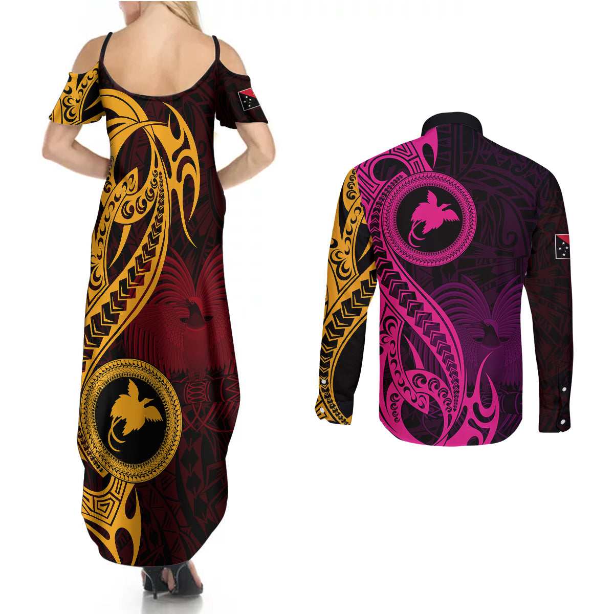 Papua New Guinea Island Couples Matching Summer Maxi Dress and Long Sleeve Button Shirts Bird of Paradise with Gold Polynesian Tribal LT9 - Polynesian Pride