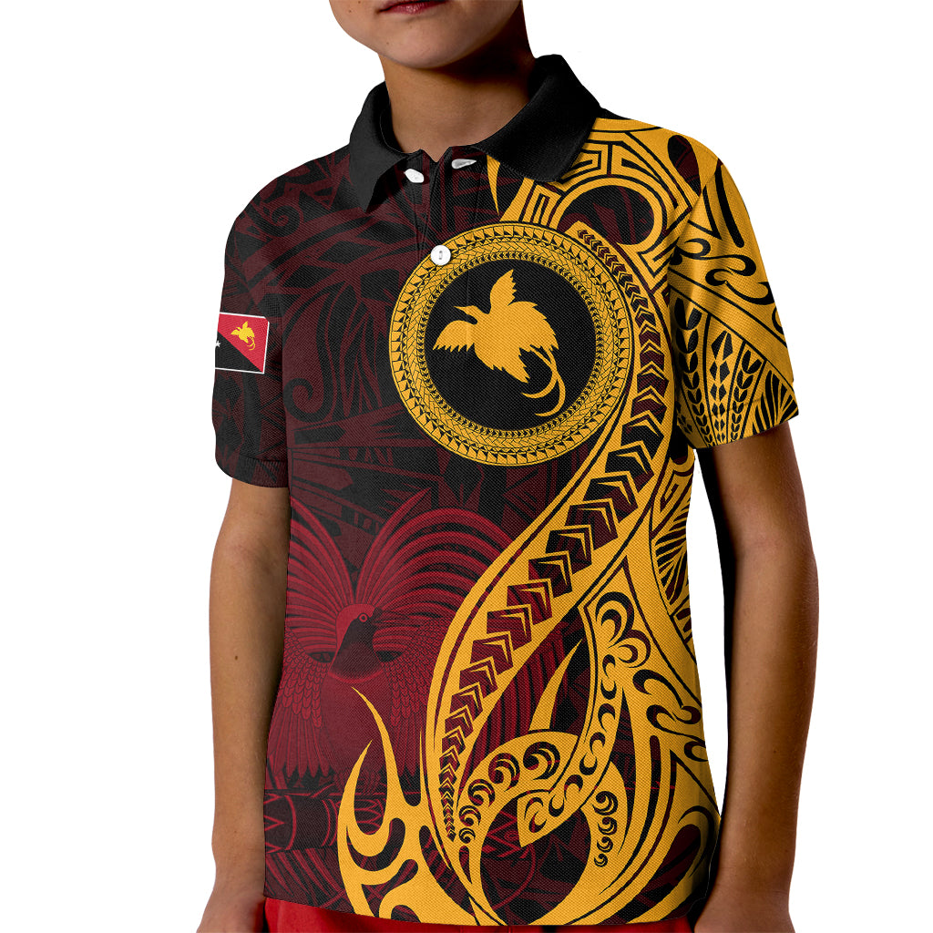 Papua New Guinea Island Kid Polo Shirt Bird of Paradise with Gold Polynesian Tribal LT9 Kid Gold - Polynesian Pride