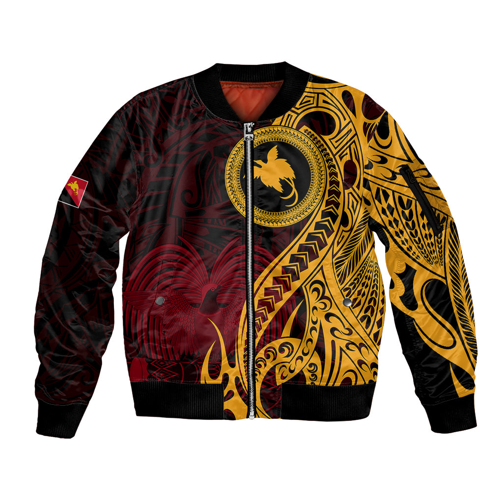 Papua New Guinea Island Sleeve Zip Bomber Jacket Bird of Paradise with Gold Polynesian Tribal LT9 Unisex Gold - Polynesian Pride