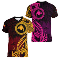 Papua New Guinea Island Women V Neck T Shirt Bird of Paradise with Gold Polynesian Tribal LT9 - Polynesian Pride