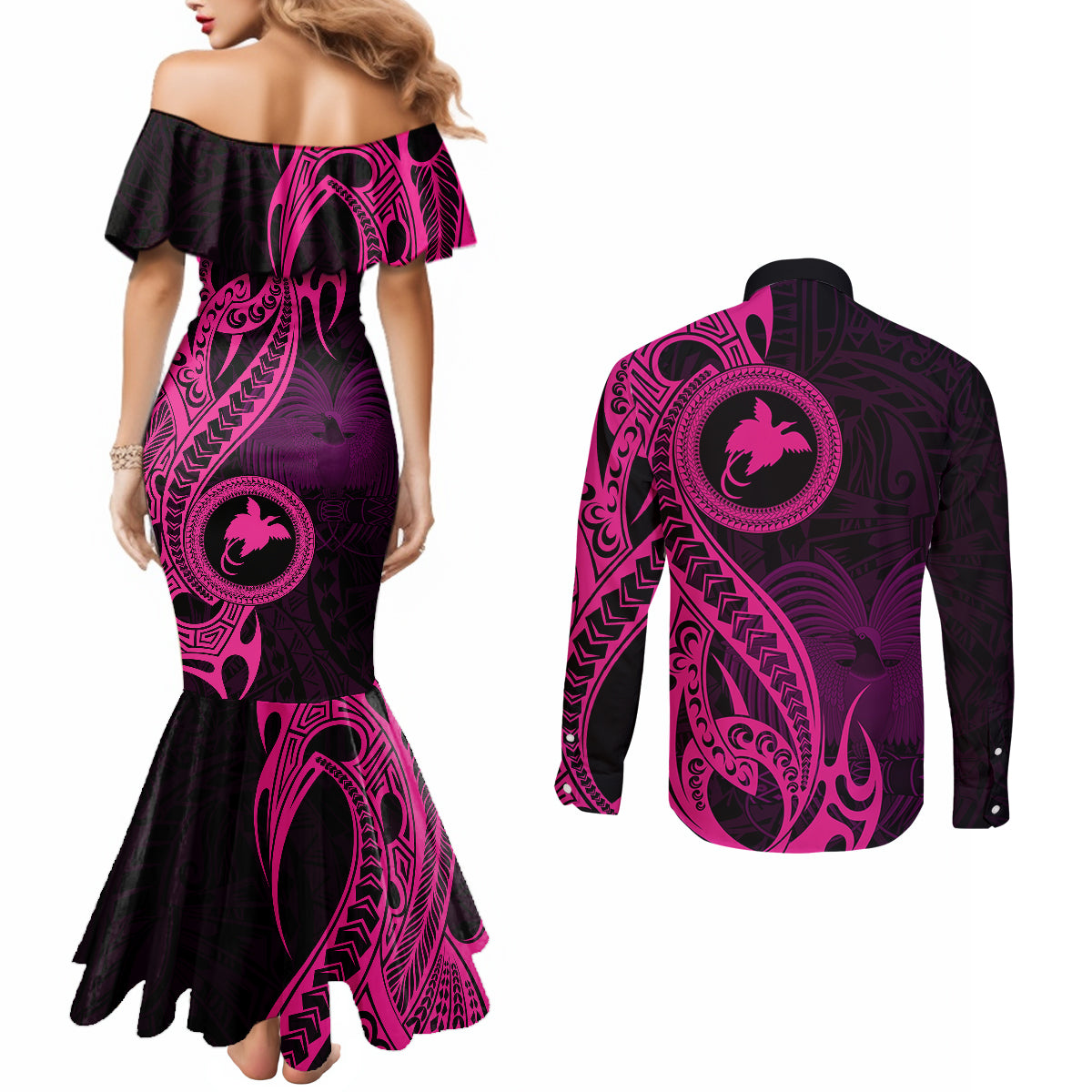Papua New Guinea Island Couples Matching Mermaid Dress and Long Sleeve Button Shirts Bird of Paradise with Pink Polynesian Tribal LT9 - Polynesian Pride