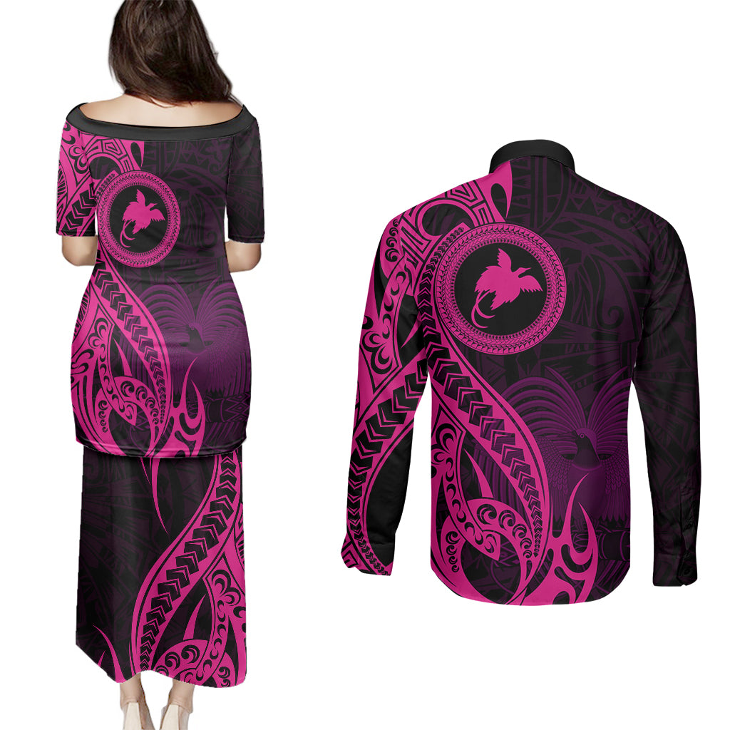 Papua New Guinea Island Couples Matching Puletasi Dress and Long Sleeve Button Shirts Bird of Paradise with Pink Polynesian Tribal LT9 - Polynesian Pride