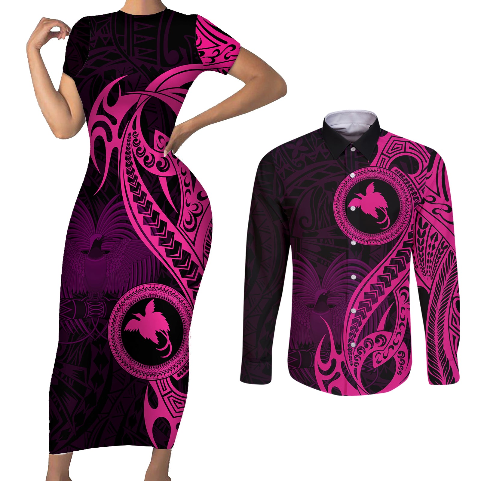 Papua New Guinea Island Couples Matching Short Sleeve Bodycon Dress and Long Sleeve Button Shirts Bird of Paradise with Pink Polynesian Tribal LT9 Pink - Polynesian Pride