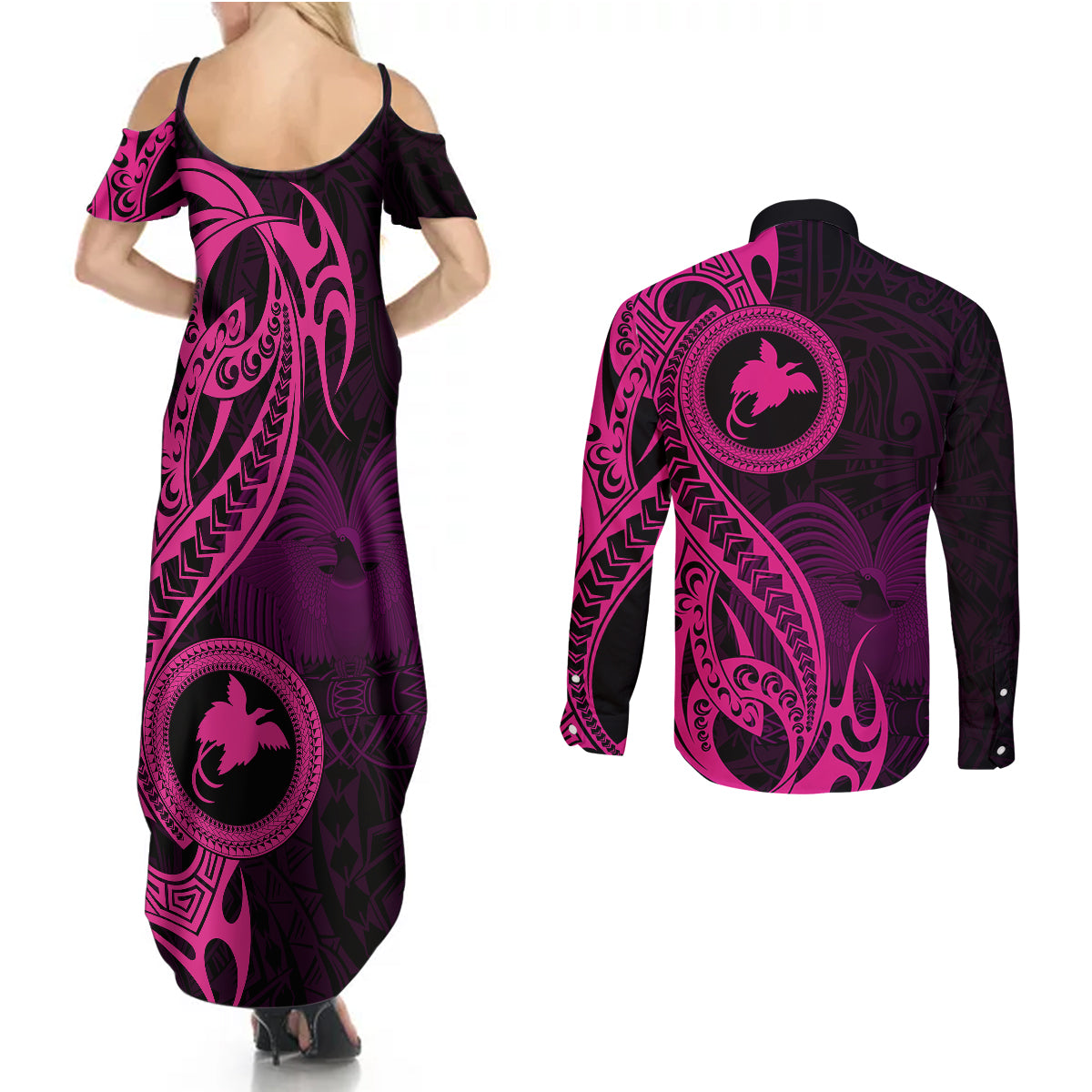 Papua New Guinea Island Couples Matching Summer Maxi Dress and Long Sleeve Button Shirts Bird of Paradise with Pink Polynesian Tribal LT9 - Polynesian Pride