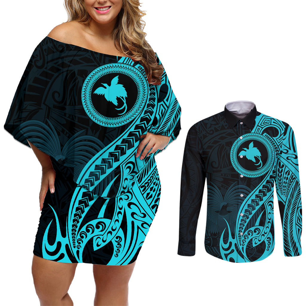 Papua New Guinea Island Couples Matching Off Shoulder Short Dress and Long Sleeve Button Shirts Bird of Paradise with Aqua Polynesian Tribal LT9 Aqua - Polynesian Pride