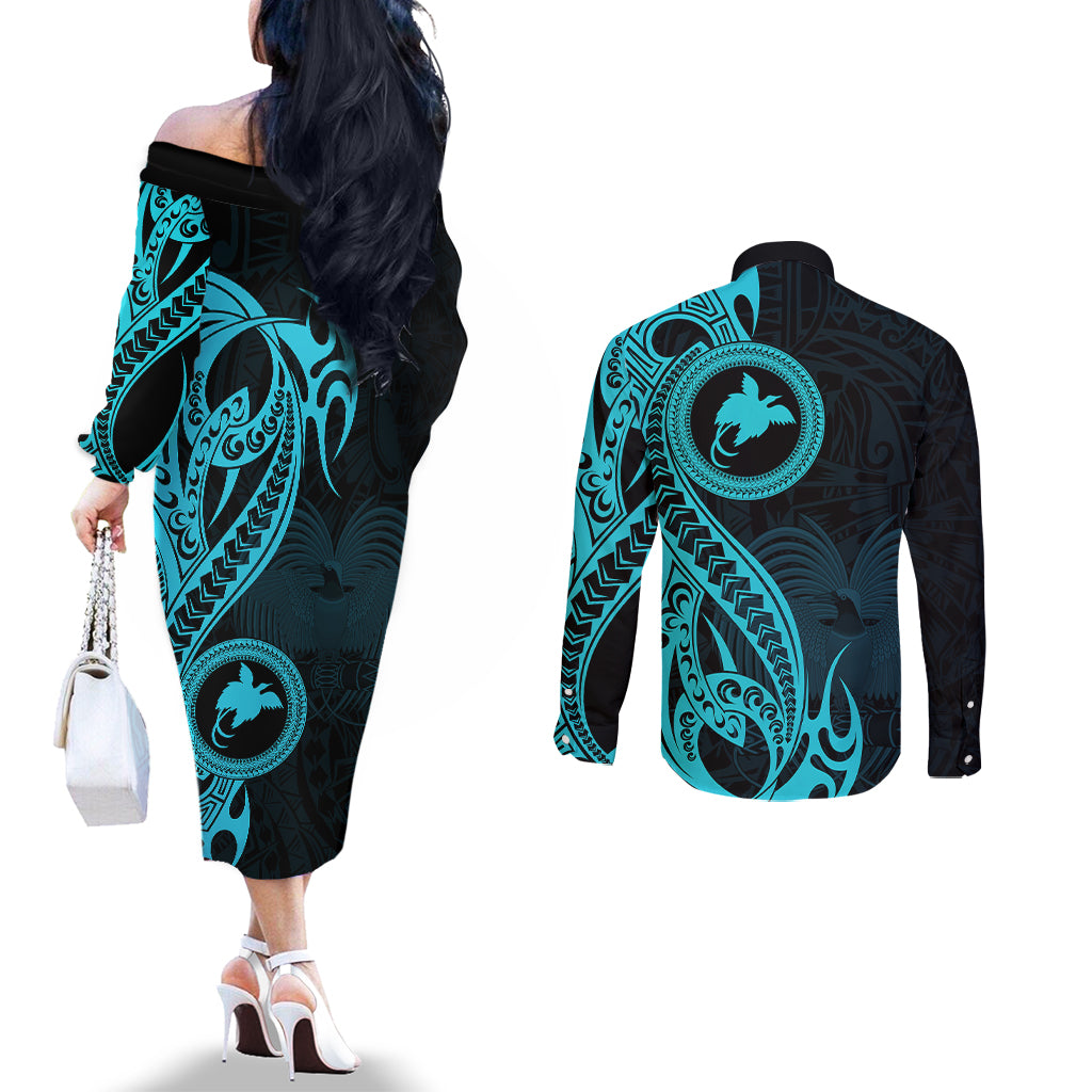Papua New Guinea Island Couples Matching Off The Shoulder Long Sleeve Dress and Long Sleeve Button Shirts Bird of Paradise with Aqua Polynesian Tribal LT9 - Polynesian Pride