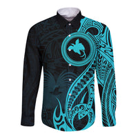 Papua New Guinea Island Long Sleeve Button Shirt Bird of Paradise with Aqua Polynesian Tribal LT9 Unisex Aqua - Polynesian Pride