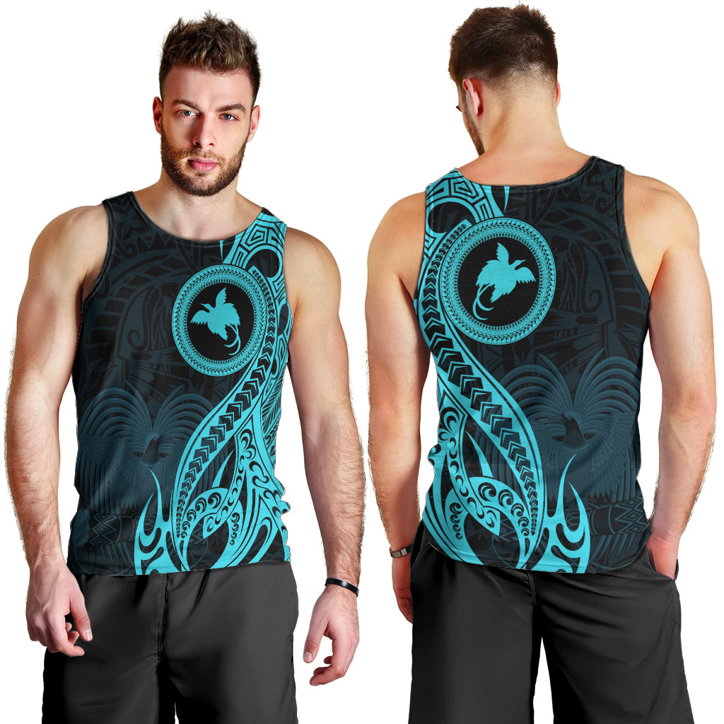 Papua New Guinea Island Men Tank Top Bird of Paradise with Aqua Polynesian Tribal LT9 - Polynesian Pride