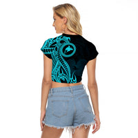 Papua New Guinea Island Raglan Cropped T Shirt Bird of Paradise with Aqua Polynesian Tribal LT9 - Polynesian Pride