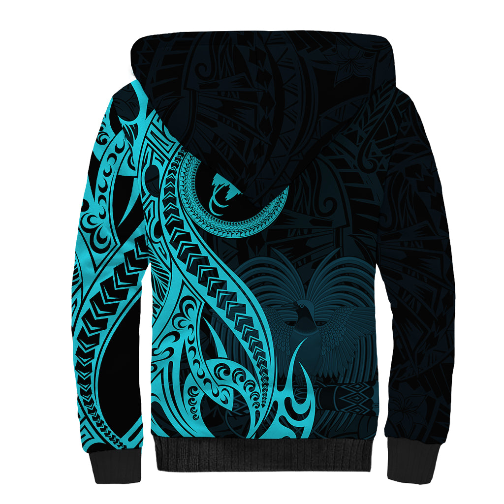 Papua New Guinea Island Sherpa Hoodie Bird of Paradise with Aqua Polynesian Tribal LT9 - Polynesian Pride