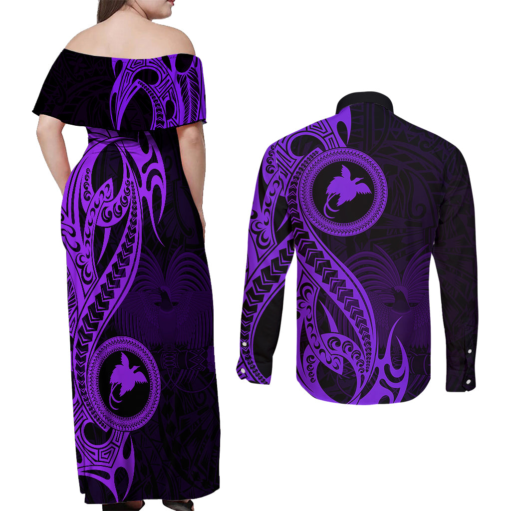 Papua New Guinea Island Couples Matching Off Shoulder Maxi Dress and Long Sleeve Button Shirts Bird of Paradise with Purple Polynesian Tribal LT9 - Polynesian Pride